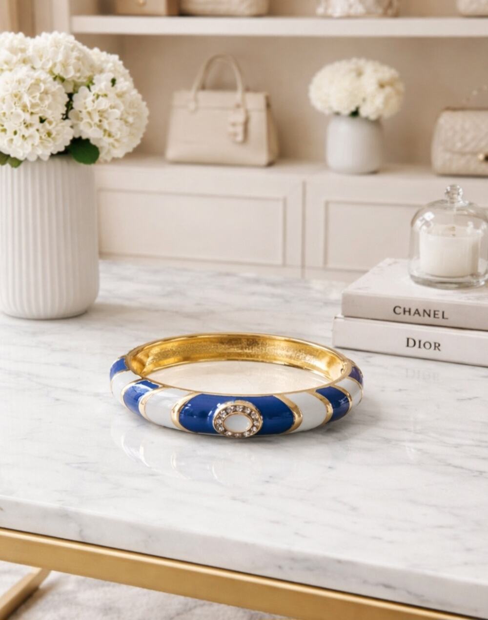 Gold Blue Enamel Hinge Bangel Bracelet New